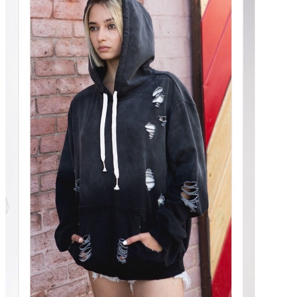 Oatmeal Distressed Hoodie pullover - Picture 3 of 8